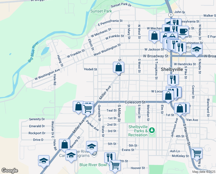 map of restaurants, bars, coffee shops, grocery stores, and more near 631 West Locust Street in Shelbyville
