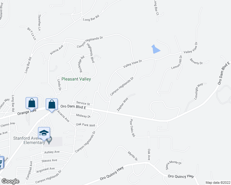 map of restaurants, bars, coffee shops, grocery stores, and more near 206 Canyon Highlands Drive in Oroville
