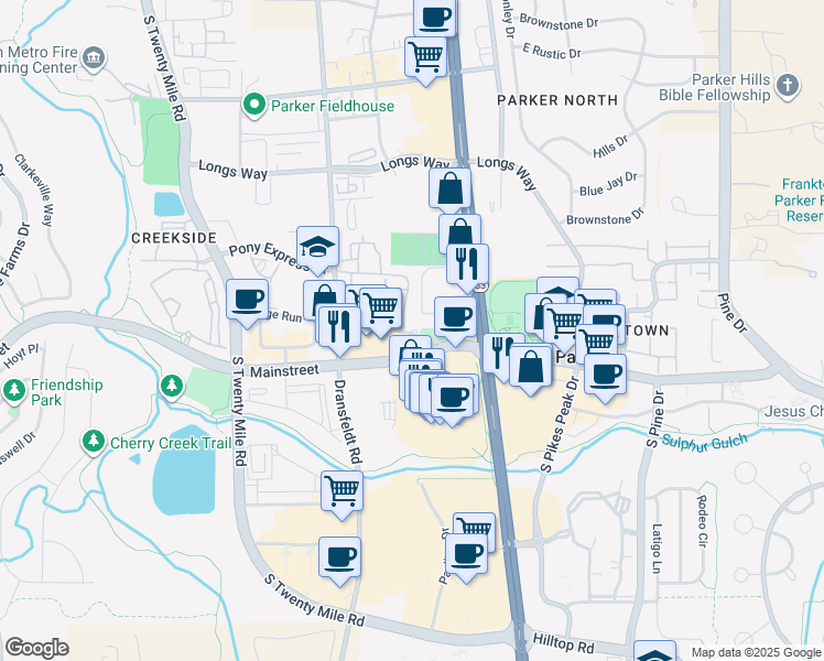 map of restaurants, bars, coffee shops, grocery stores, and more near 18995 Mainstreet in Parker