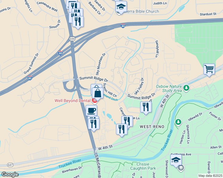 map of restaurants, bars, coffee shops, grocery stores, and more near 4744 Amber Hill Lane in Reno