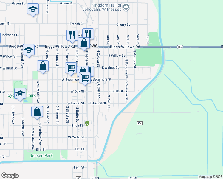 map of restaurants, bars, coffee shops, grocery stores, and more near 415 East Oak Street in Willows