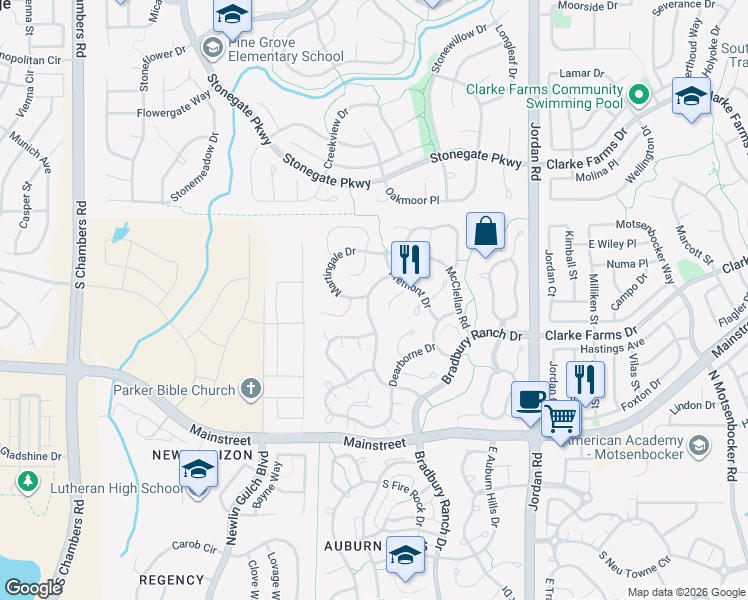 map of restaurants, bars, coffee shops, grocery stores, and more near 10848 McClellan Road in Parker