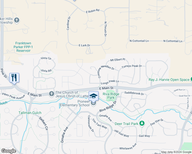 map of restaurants, bars, coffee shops, grocery stores, and more near 21494 Grays Peak Drive in Parker