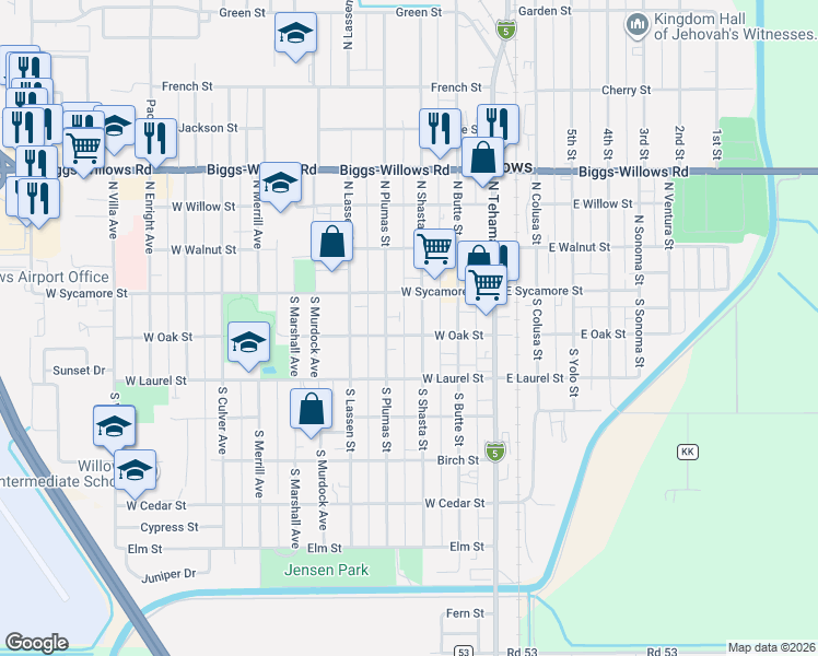 map of restaurants, bars, coffee shops, grocery stores, and more near 159 South Shasta Street in Willows