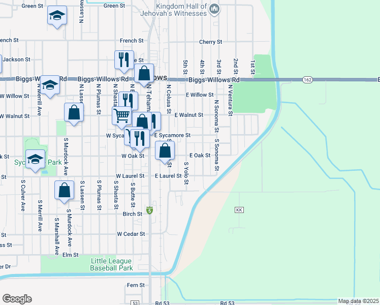 map of restaurants, bars, coffee shops, grocery stores, and more near 415 East Oak Street in Willows