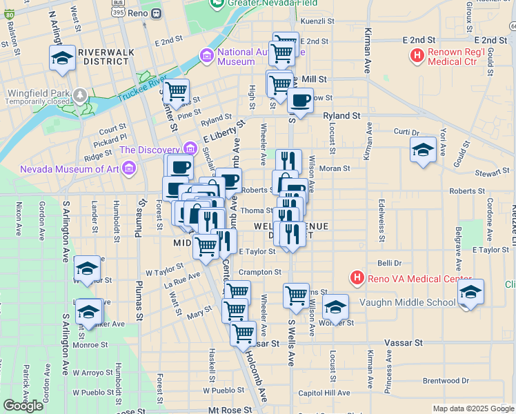 map of restaurants, bars, coffee shops, grocery stores, and more near 715 Wheeler Avenue in Reno