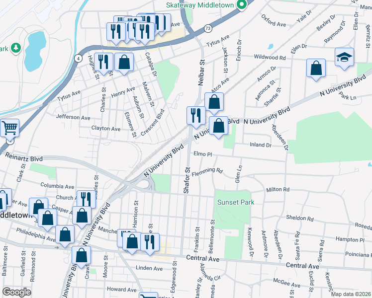 map of restaurants, bars, coffee shops, grocery stores, and more near 424 Shafor Street in Middletown