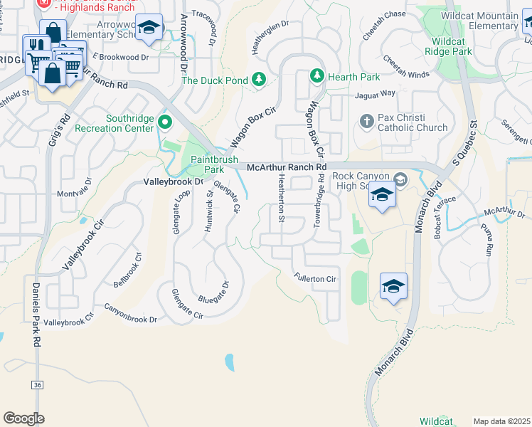 map of restaurants, bars, coffee shops, grocery stores, and more near 10833 Heatherton Circle in Littleton