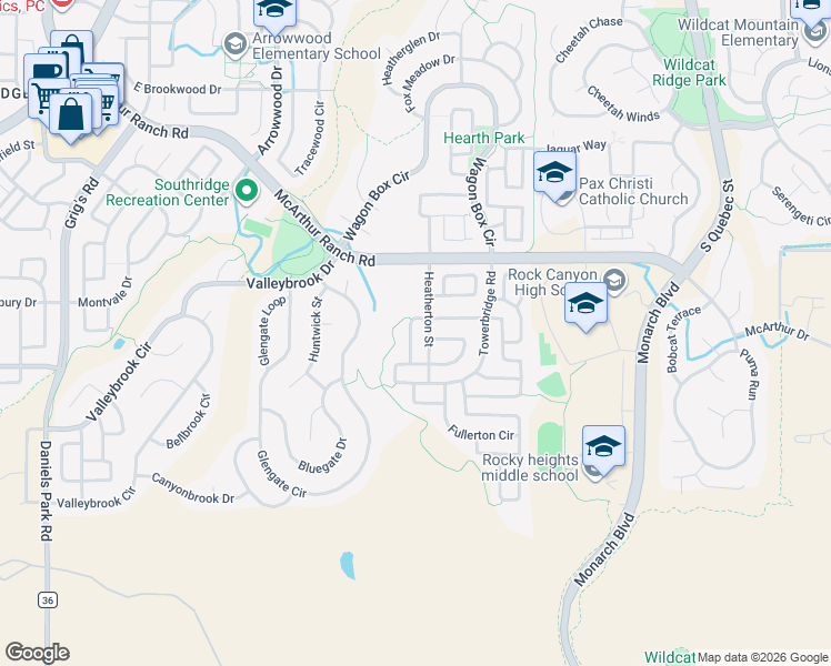 map of restaurants, bars, coffee shops, grocery stores, and more near 10854 Heatherton Circle in Littleton