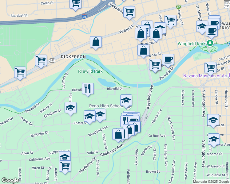 map of restaurants, bars, coffee shops, grocery stores, and more near 1450 Idlewild Drive in Reno