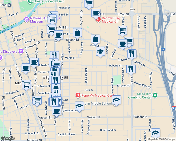 map of restaurants, bars, coffee shops, grocery stores, and more near 720 Edelweiss Street in Reno