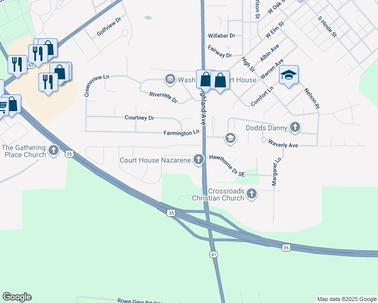 map of restaurants, bars, coffee shops, grocery stores, and more near 1047 Andrick Drive in Washington Court House