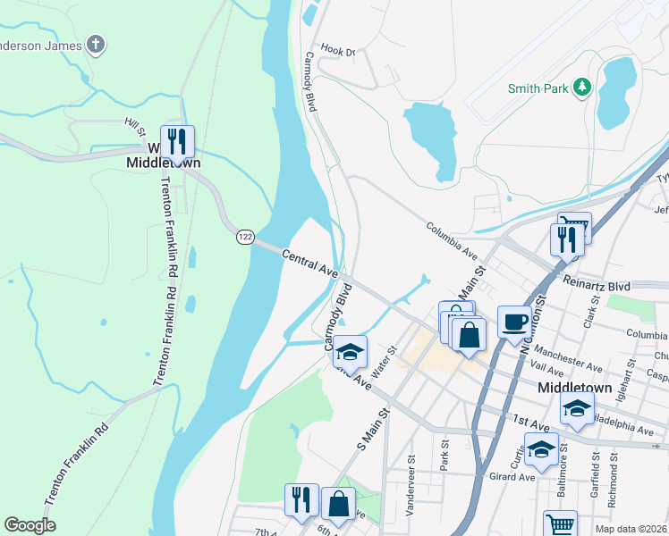 map of restaurants, bars, coffee shops, grocery stores, and more near Great Miami River Recreational Trail in Middletown