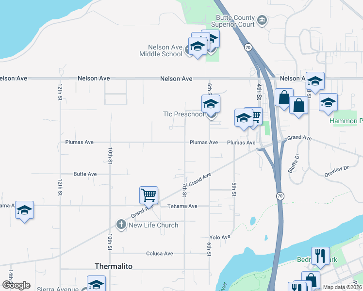 map of restaurants, bars, coffee shops, grocery stores, and more near 1975 7th Street in Oroville