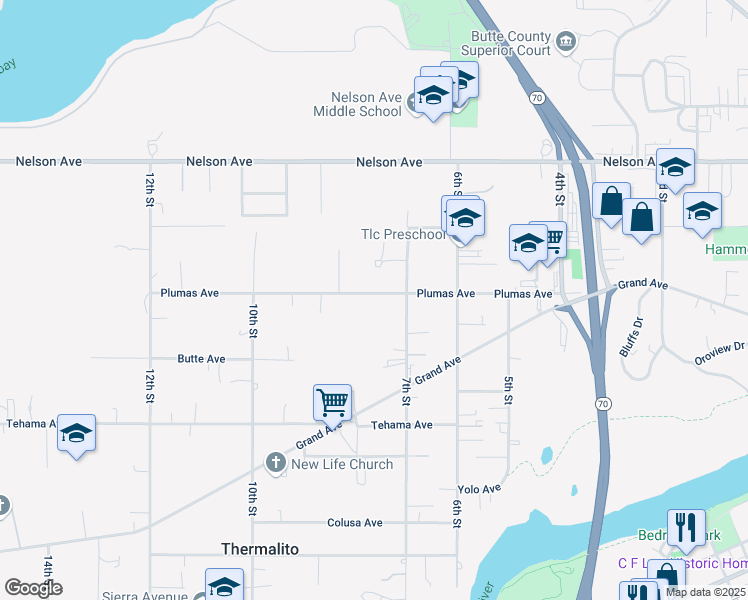 map of restaurants, bars, coffee shops, grocery stores, and more near 767 Plumas Avenue in Oroville