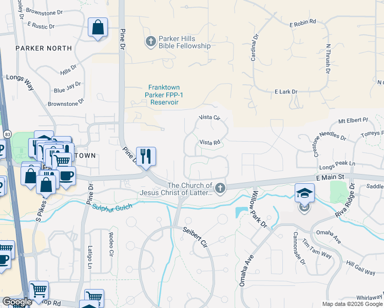 map of restaurants, bars, coffee shops, grocery stores, and more near 20570 Parker Vista Circle in Parker