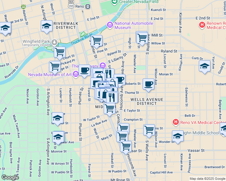 map of restaurants, bars, coffee shops, grocery stores, and more near in Reno