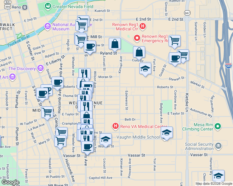 map of restaurants, bars, coffee shops, grocery stores, and more near 646 Thoma Street in Reno