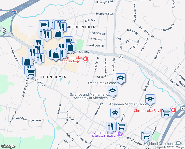 map of restaurants, bars, coffee shops, grocery stores, and more near 302 Graceford Drive in Aberdeen