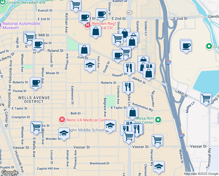 map of restaurants, bars, coffee shops, grocery stores, and more near 690 Lester Avenue in Reno