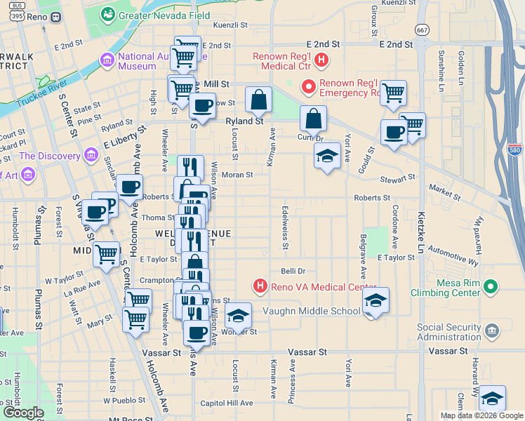 map of restaurants, bars, coffee shops, grocery stores, and more near 646 Thoma Street in Reno