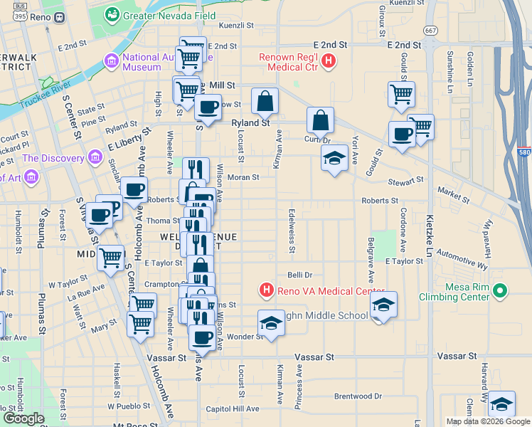 map of restaurants, bars, coffee shops, grocery stores, and more near 646 Thoma Street in Reno