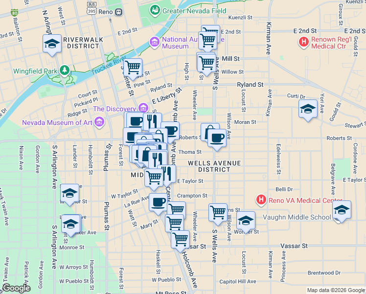 map of restaurants, bars, coffee shops, grocery stores, and more near 706 Holcomb Avenue in Reno