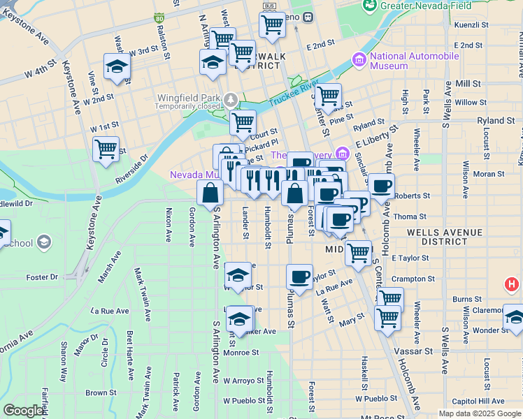 map of restaurants, bars, coffee shops, grocery stores, and more near 534 Humboldt Street in Reno