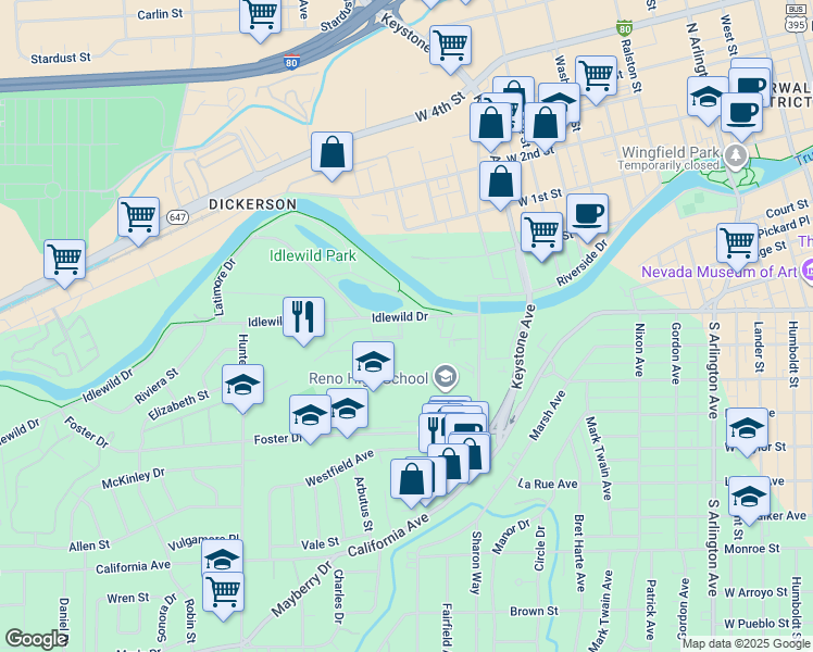 map of restaurants, bars, coffee shops, grocery stores, and more near 1450 Idlewild Drive in Reno