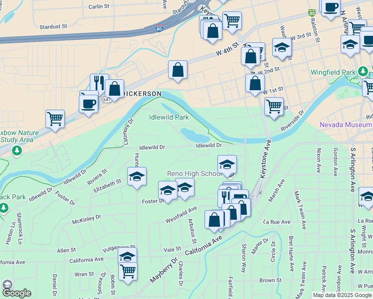 map of restaurants, bars, coffee shops, grocery stores, and more near 1450 Idlewild Drive in Reno