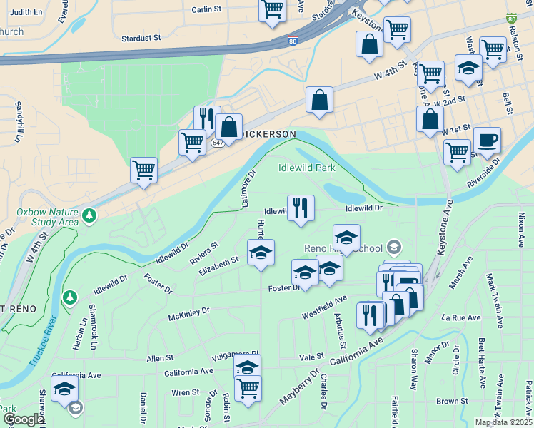 map of restaurants, bars, coffee shops, grocery stores, and more near 98 Hunter Lake Drive in Reno