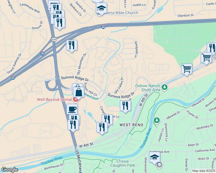 map of restaurants, bars, coffee shops, grocery stores, and more near 1520 Sky Valley Drive in Reno