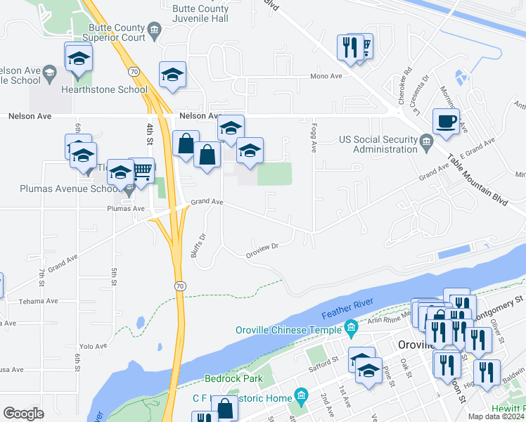 map of restaurants, bars, coffee shops, grocery stores, and more near 11 Dawn Court in Oroville
