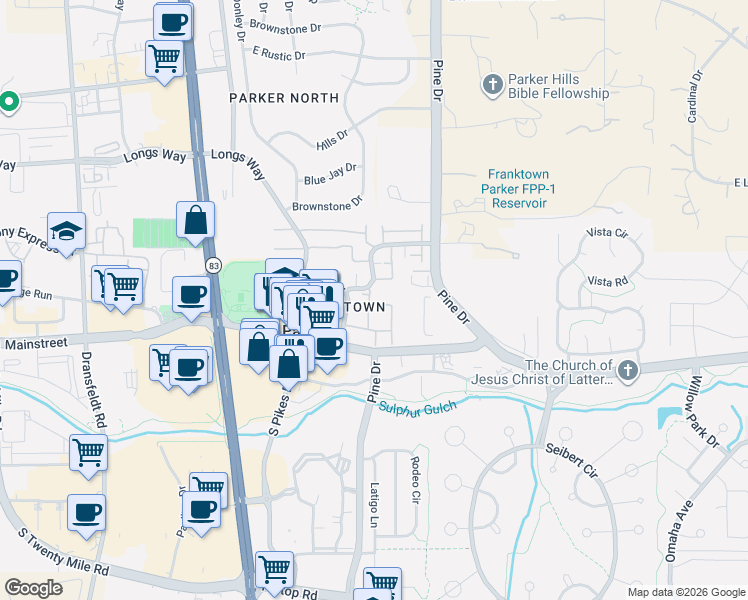 map of restaurants, bars, coffee shops, grocery stores, and more near 10854 Summerset Way in Parker