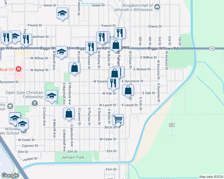 map of restaurants, bars, coffee shops, grocery stores, and more near 136 South Butte Street in Willows