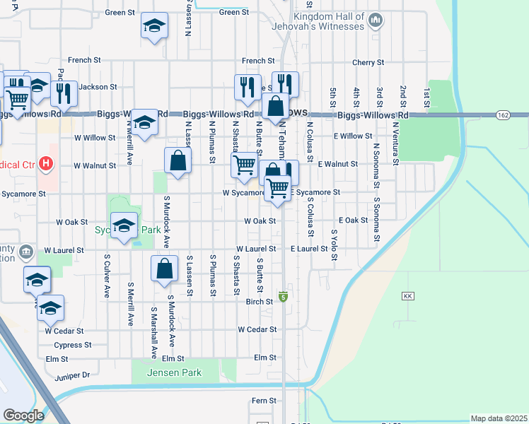 map of restaurants, bars, coffee shops, grocery stores, and more near 136 South Butte Street in Willows