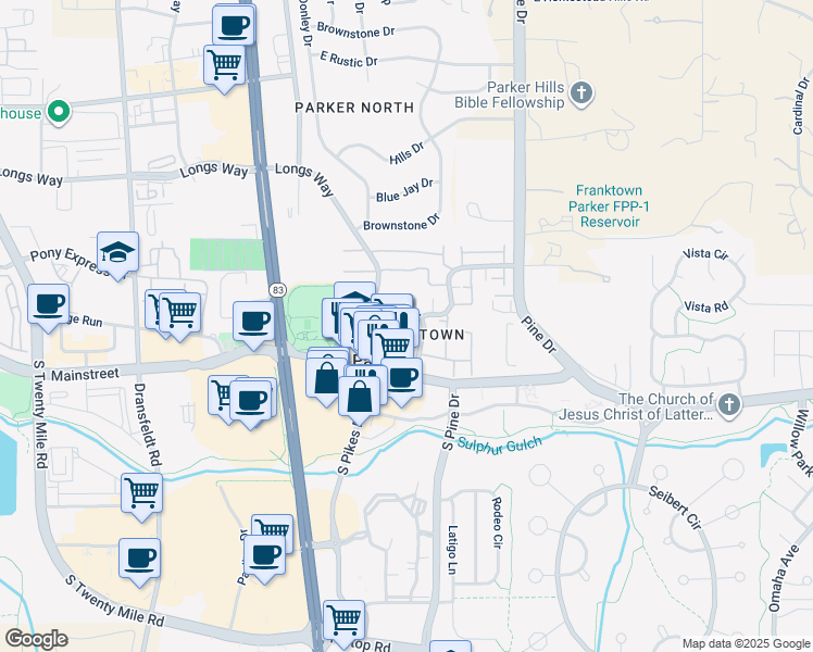 map of restaurants, bars, coffee shops, grocery stores, and more near 19630 Victorian Drive in Parker