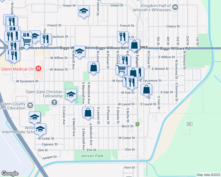map of restaurants, bars, coffee shops, grocery stores, and more near 200 South Plumas Street in Willows
