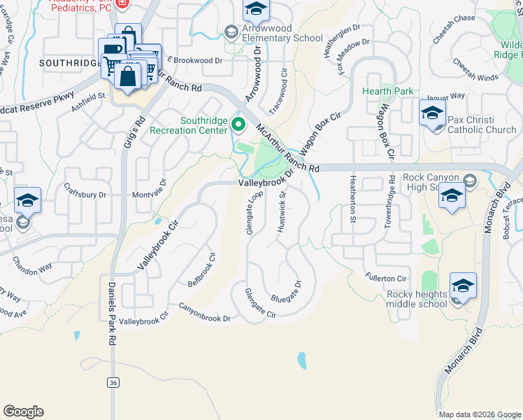 map of restaurants, bars, coffee shops, grocery stores, and more near 10776 Glengate Circle in Littleton