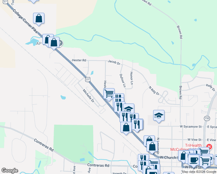 map of restaurants, bars, coffee shops, grocery stores, and more near 5234 Hester Road in Oxford