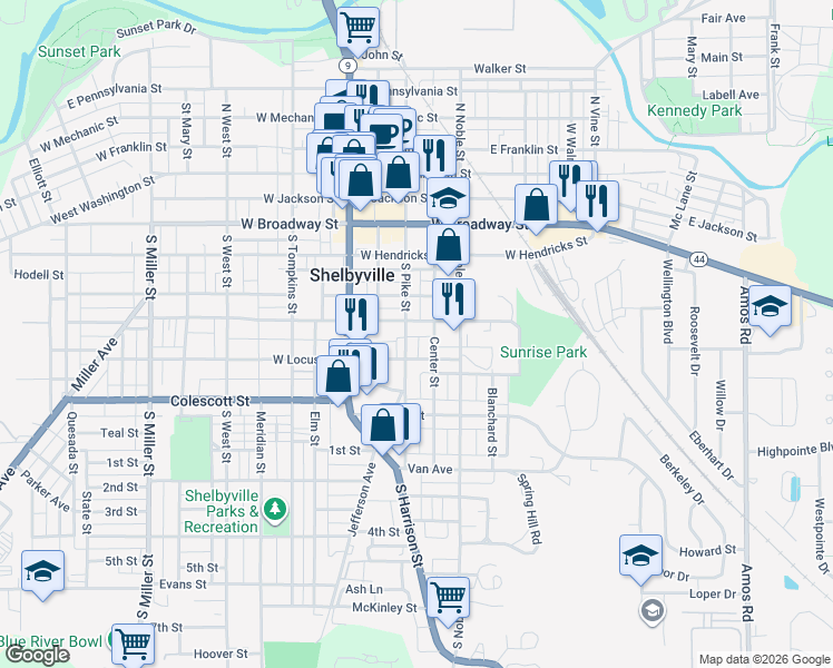 map of restaurants, bars, coffee shops, grocery stores, and more near 636 South Pike Street in Shelbyville