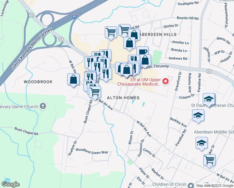 map of restaurants, bars, coffee shops, grocery stores, and more near 102 Grant Street in Aberdeen