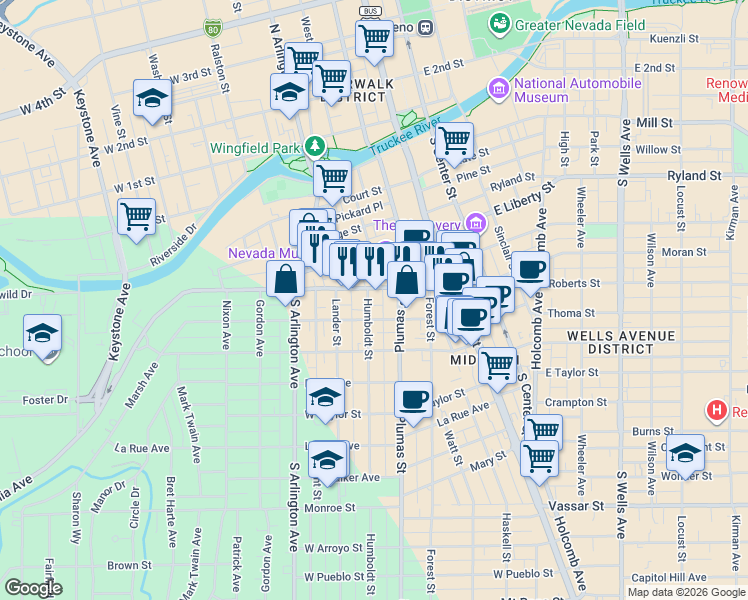 map of restaurants, bars, coffee shops, grocery stores, and more near 534 Humboldt Street in Reno