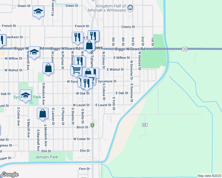 map of restaurants, bars, coffee shops, grocery stores, and more near 125 South Yolo Street in Willows