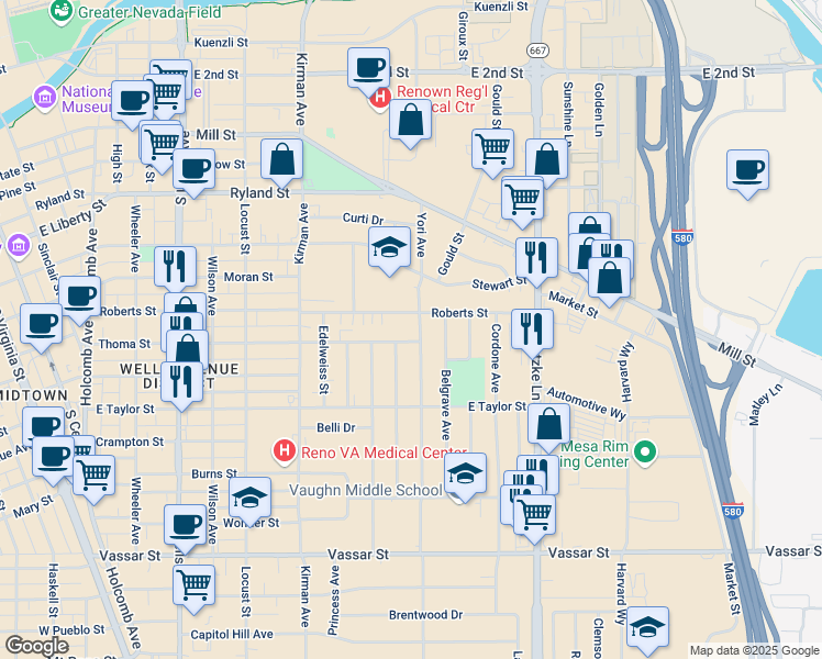 map of restaurants, bars, coffee shops, grocery stores, and more near 720 Bates Avenue in Reno