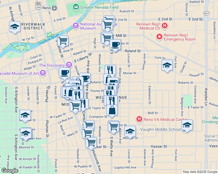 map of restaurants, bars, coffee shops, grocery stores, and more near 328 Thoma Street in Reno