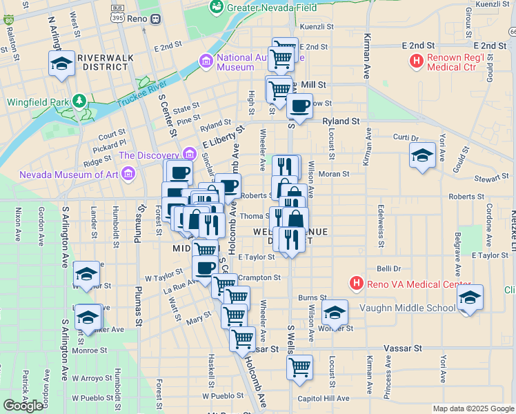 map of restaurants, bars, coffee shops, grocery stores, and more near 715 Wheeler Avenue in Reno
