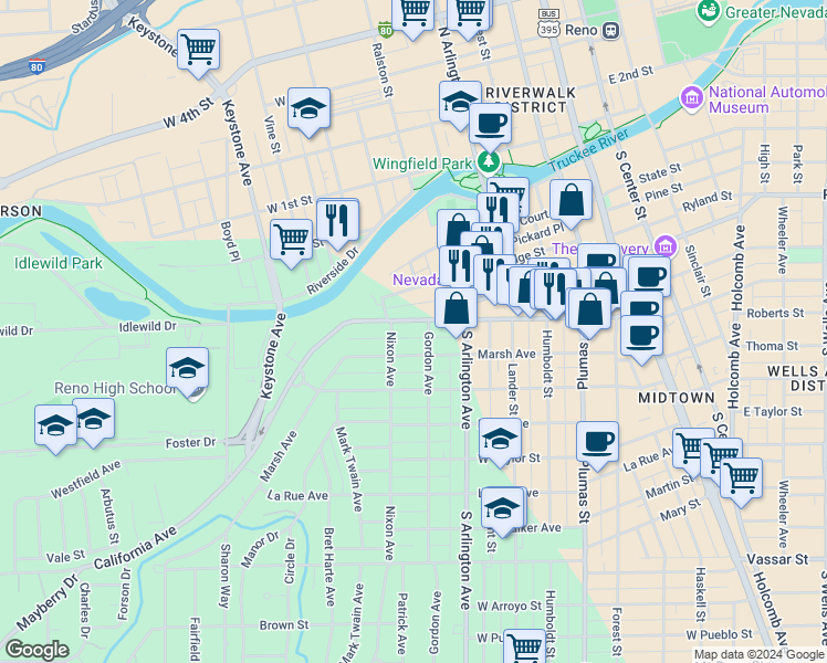 map of restaurants, bars, coffee shops, grocery stores, and more near 555 Marsh Avenue in Reno