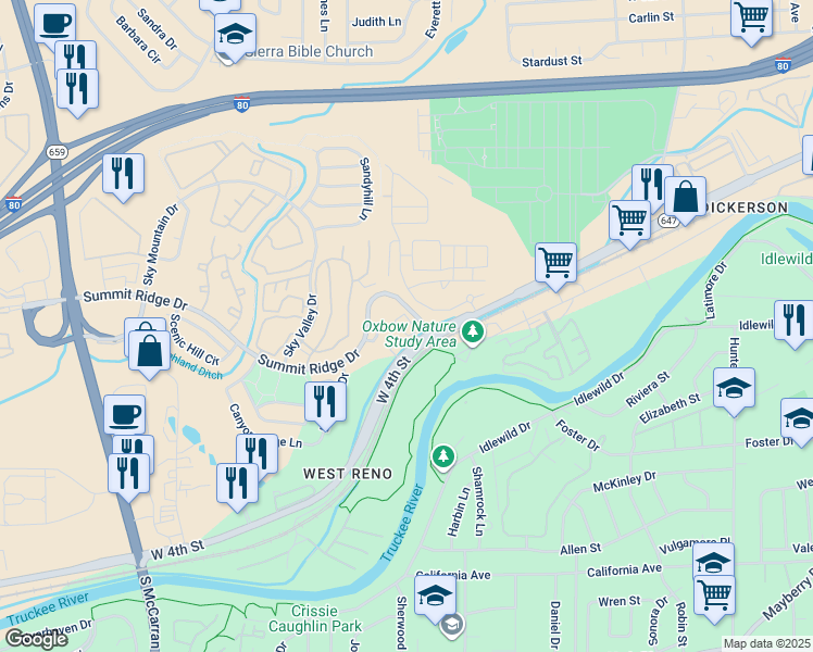 map of restaurants, bars, coffee shops, grocery stores, and more near in Reno