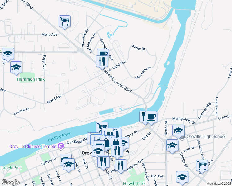 map of restaurants, bars, coffee shops, grocery stores, and more near 9 Table Mountain Boulevard in Oroville